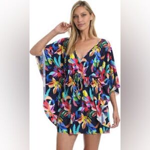 La Blanca Womens Floral Multicolor V Neck Caftan Cover Up Swimwear Size Medium